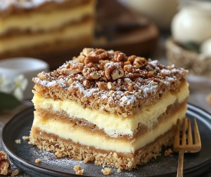 Friss-dich-dumm-Kuchen mit Pudding und Walnüssen auf einem Teller