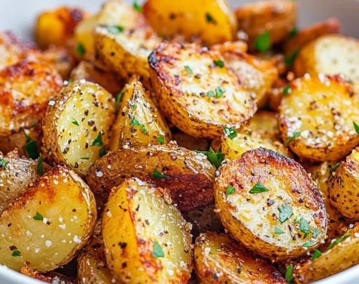 Gebackene Kartoffeln mit Knoblauch und Parmesan auf einem Teller serviert