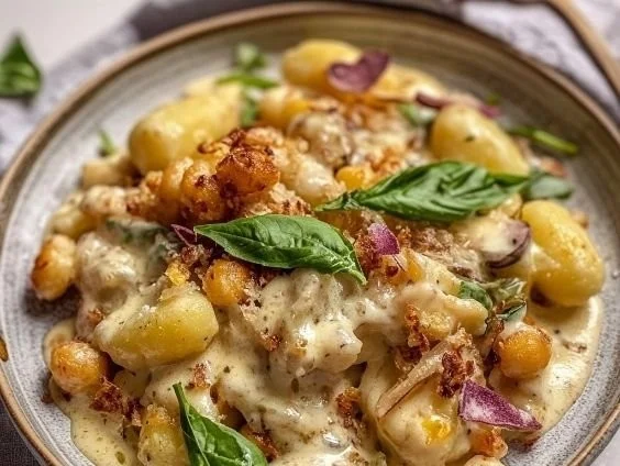 Gebratene Gnocchi mit karamellisiertem Blumenkohl auf einem Teller serviert