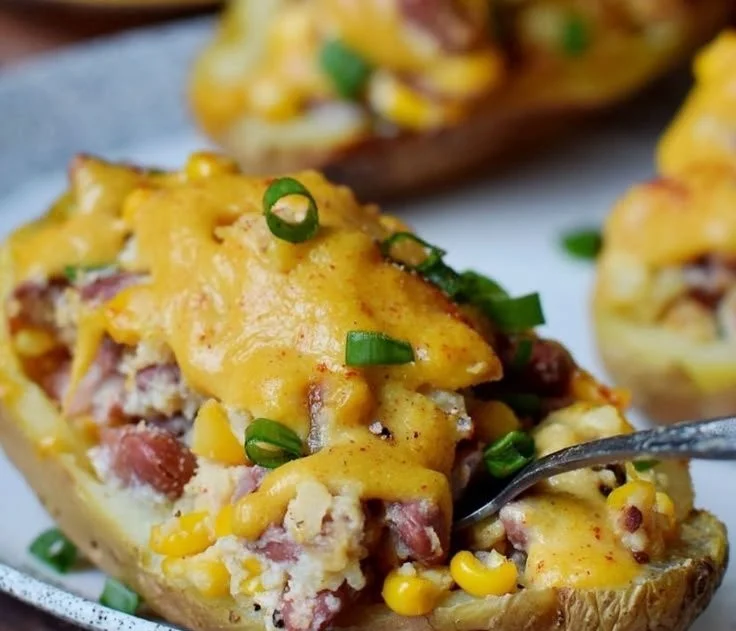 Gefüllte Ofenkartoffeln mit veganem Käse und Gemüse auf einem Teller