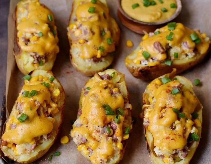 Gefüllte Ofenkartoffeln mit cremigem Gemüse und veganem Käse