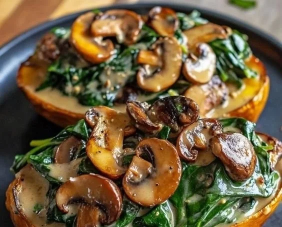 Gefüllte Süßkartoffeln mit Champignons und Spinat auf einem Teller