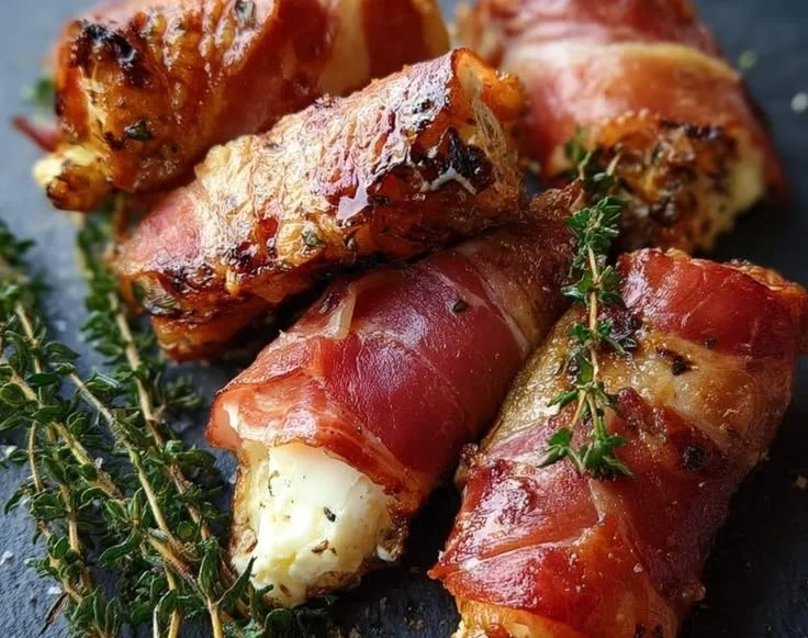 Gegrillte Feta-Schinkenröllchen auf dem Grill serviert