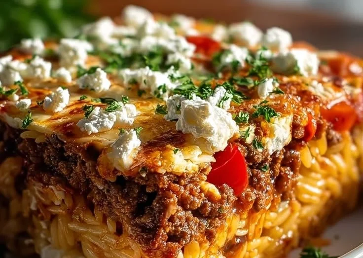 Griechischer Kritharaki-Hackauflauf mit Feta auf einem Teller serviert