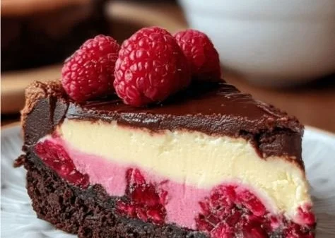 Himbeer-Brownie-Cheesecake mit frischen Himbeeren und Schokoladensoße