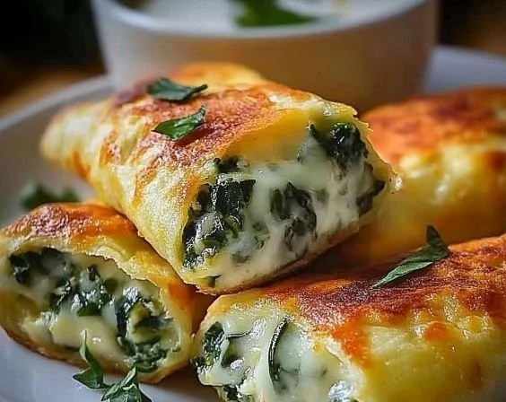 Kartoffeltaschen mit Spinat und Frischkäse auf einem Teller angerichtet