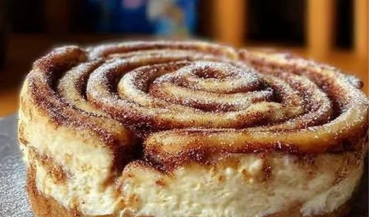 Käsekuchen mit Frischkäse und Zimtschnecken auf einem schönen Teller serviert.