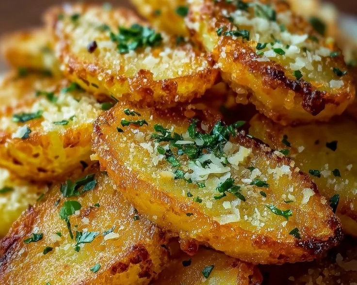 Knusprige Kartoffelspalten mit Knoblauch und Parmesan-Kruste auf einem Teller