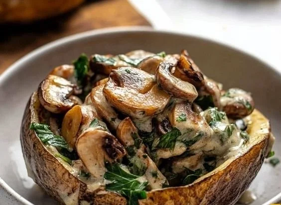 Ofenkartoffeln mit Pilz-Spinat-Füllung auf einem Teller serviert