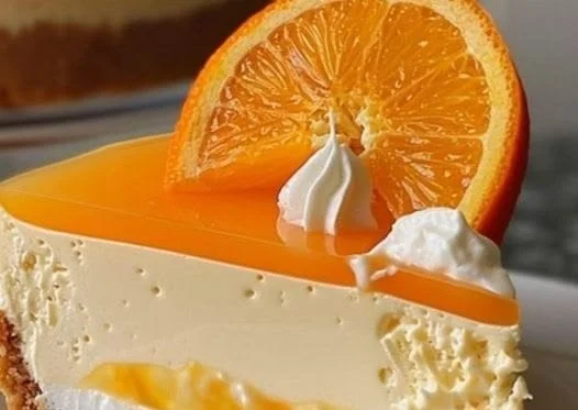 Saftiger Orangen-Schmandkuchen auf einem Tisch, bereit zum Servieren.