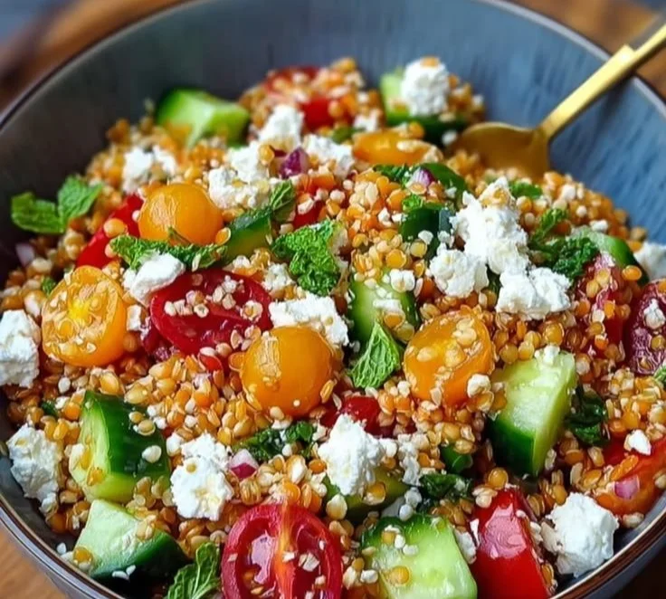 Orientalischer Rote Linsensalat mit Feta und frischen Zutaten
