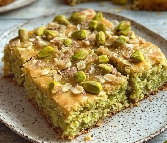 Pistazienkuchen mit Zitrone und Mandeln auf einem hübschen Teller serviert.