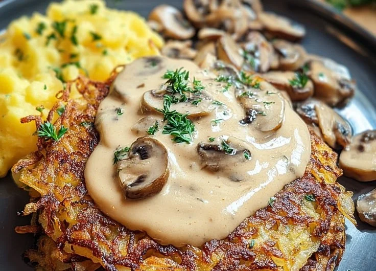 Rösti mit Mozzarella und cremiger Pilzsauce auf einem Teller angerichtet
