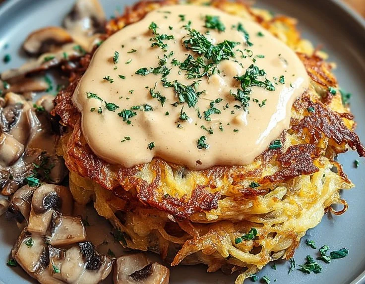 Rösti mit Mozzarella und cremiger Pilzsauce