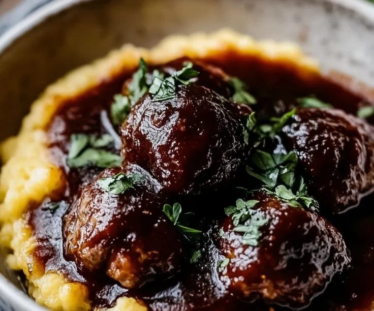 Rotwein geschmorte Fleischbällchen in einer aromatischen Soße serviert