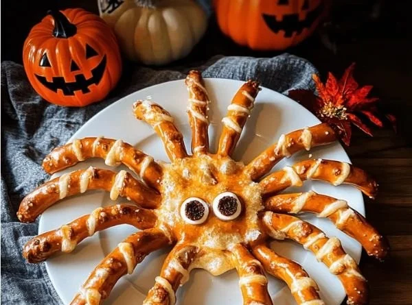 Leckere Spinne aus gefrorenen Laugenstangen für Halloween Snack