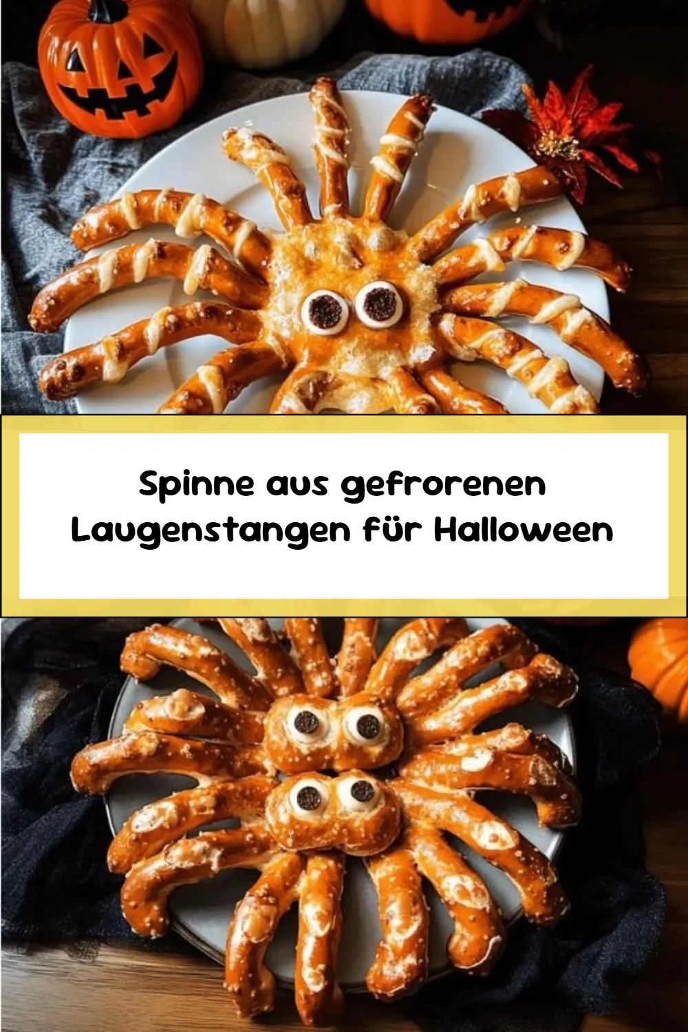 Spinne aus gefrorenen Laugenstangen für Halloween