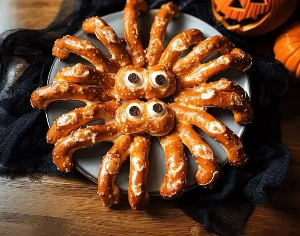 Spinne aus gefrorenen Laugenstangen für Halloween